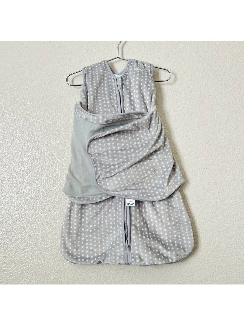 Halo x Pottery Barn plush velour swaddle gray white polka dot